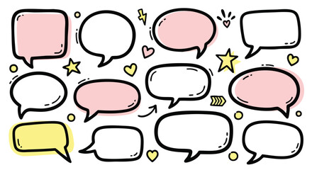 Obraz premium Doodle speech bubbles and icons create playful dialogue and communication backgrounds for creative projects