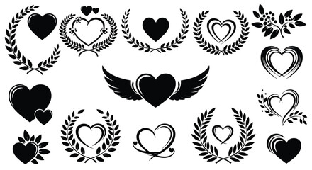 Elegant heart silhouette collection with laurel wreaths and wings for romantic designs and valentine's day