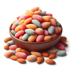 A pile of candied almonds isolated on white background.