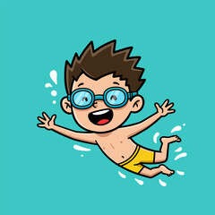 A smiling child with spiky dark brown hair swims underwater in yellow trunks and blue goggles, surrounded by splashes, set against a turquoise background.