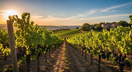 Obraz premium A sun-drenched vineyard stretches towards a rustic farmhouse, bathed in the golden hues of sunset.