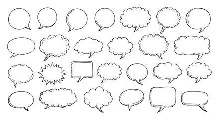 Diverse hand-drawn speech bubbles and thought clouds for creative communication and comic design