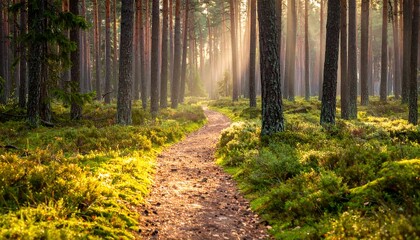 Sunbeams illuminating a forest path