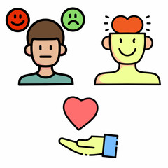 Vector art of humans with angry and happy expressions, also helping others and humans with thoughts full of love.