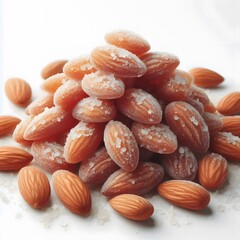 A pile of candied almonds isolated on white background.
