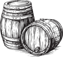 Antique Wooden Barrels: Rustic wooden barrels, each detail of their aged craftsmanship captured in a black and white line art. evoking the charm of a vintage wine cellar or brewery.