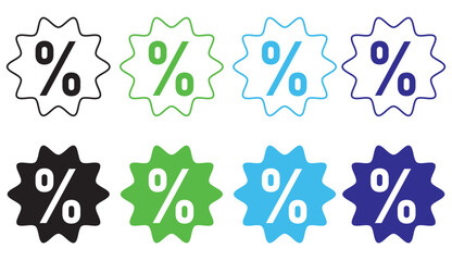 Discount icon set. Discount tag icon. Discount percent sign icon. Round starbursts zigzag shape on sale badge icon in four different colors. Vector illustration.