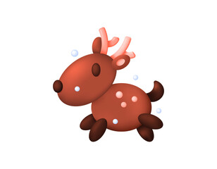 Santa Claus's reindeer. A cute and adorable brown reindeer illustration. 3D style design. Christmas symbols, elements, decorations. White background.