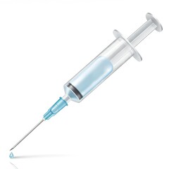 Fototapeta premium A clear, light-blue medical syringe is angled, positioned against a white background, and a drop of liquid hangs from the needle.