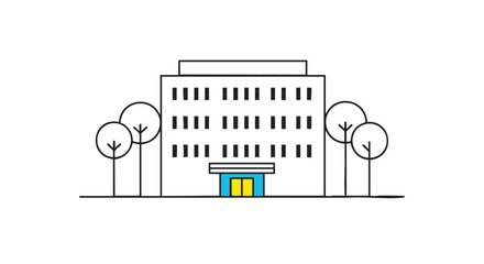 Modern office building with trees, perfect for corporate branding and business concepts