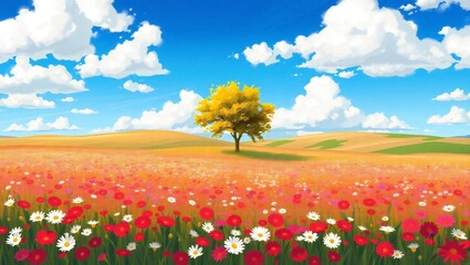 Vibrant meadow with a lone tree under a blue sky with fluffy clouds