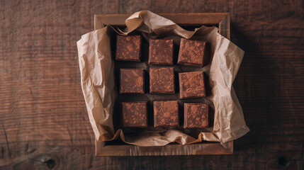 A beautiful arrangement of chocolate squares in a wooden box lined with parchment paper, set against a rustic wooden background.