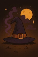 Vector illustration of a witch hat with a buckle under the full moon and dark night sky. Perfect for Halloween, magic, fantasy, spooky themes, and seasonal holiday designs.