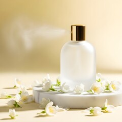 White Perfume Bottle with Flowers on Yellow Background - Floral Fragrance, Beauty Product, Summer Aesthetic