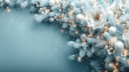 Winter scene with blue-toned branches, white ornaments, and lights
