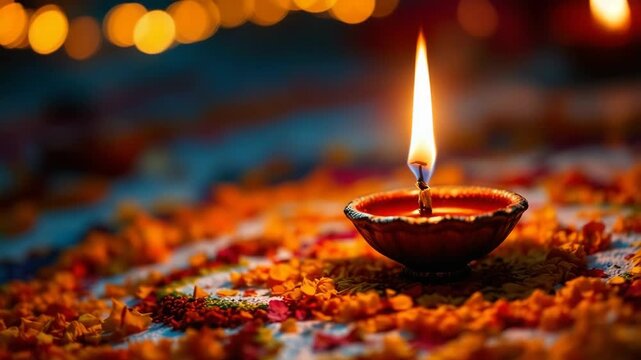 Traditional clay diya lamp illuminates festive evening during diwali kali chaudas narak chaturdashi celebration with blurred bokeh lights