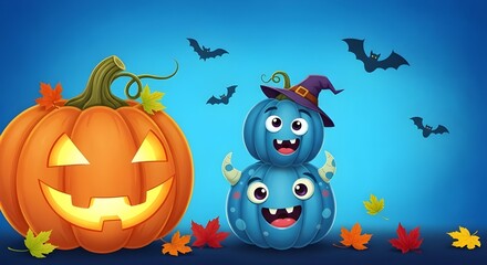 Fototapeta premium Fun Cartoon Halloween Pumpkins & Monsters - Spooky Cute Characters, Kids Party, Festive Decoration