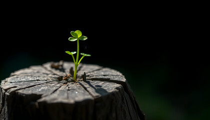 New life emerging from a stump nature photography close-up view serenity in darkness