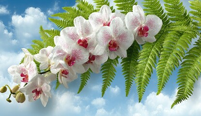White orchids with pink speckles, fern leaves,  sky background