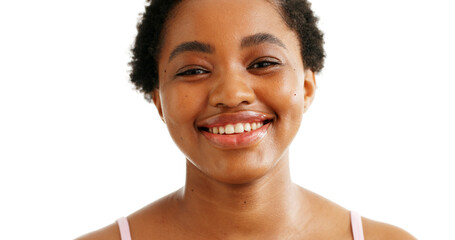 Portrait, skincare and black woman in studio with smile, confidence and beauty with mockup. Happy, African person and dermatology on white background space with natural cosmetics, self care and glow.