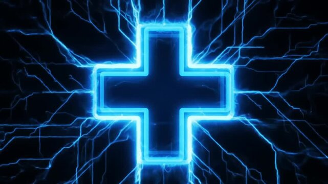 Electric blue cross surrounded by lightning