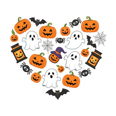 Halloween Icons Heart Shape: Ghosts, Pumpkins, Bats, Spiders - Cute Festive Elements, Kids Design, Spooky Fun