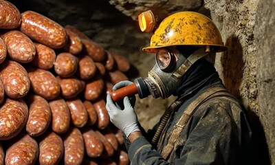 Coal miner with helmet and mask working underground using tools. Best for industry presentations, labor awareness, safety campaigns and energy documentaries. 4K high resolution video