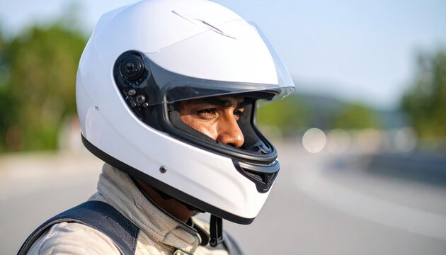 Close-up profile view of a man wearing a white motorcycle helmet
