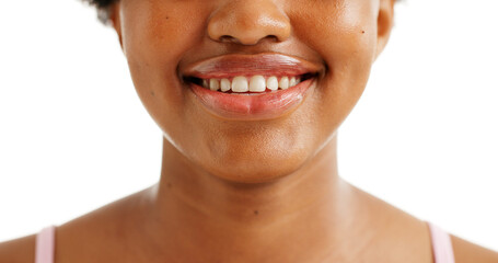 Dental health, smile and woman in studio, mouth and grooming on white background. Closeup, space...