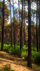 Fototapeta premium Pine forest path under sunlight