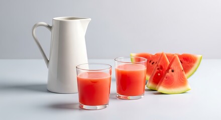 Refreshing Watermelon Juice in Elegant White Pitcher and Glasses.