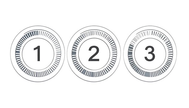 Elegant circular steps progress indicators from one to three in sequence