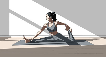 Fototapeta premium Young athletic woman in grey sportswear doing a deep stretch on a yoga mat. Morning workout routine for flexibility and wellness at home with sunlight