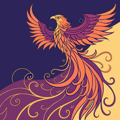 Vector art of majestic phoenix illustration with vibrant orange and purple plumage, symbolizing renewal and strength a captivating design perfect for fantasy themes
