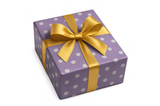 Purple gift box with gold ribbon and white dots on transparent background