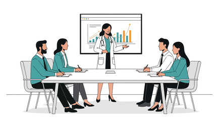Medical Team Meeting Doctor Explains Data to Colleagues Around Conference Table with Financial Charts