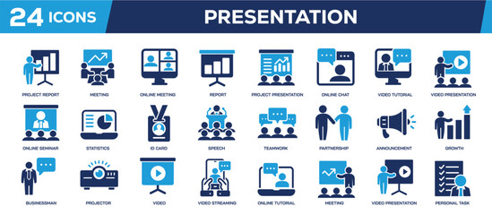 Set of solid glyph icons related presentation, consultation, coaching, leadership, marketing. Color solid icons. Perfect pixel on transparent background