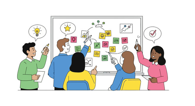 Collaborative team of diverse professionals brainstorming and strategizing on a whiteboard, developing innovative solutions and mapping out project ideas in a productive meeting setting