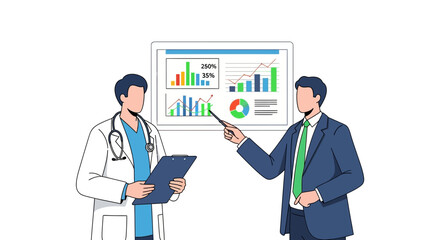 Medical professionals analyzing data, graphs, and charts, highlighting trends for health insights and business strategy