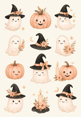 Adorable Watercolor Halloween Ghost and Pumpkin Collection