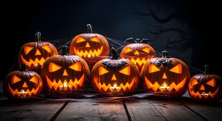 Piles of Glowing Jack-O'-Lanterns in the Dark - Spooky Halloween Display, Eerie Mood, Festive Night