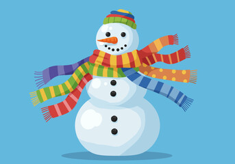 Cheerful Snowman with Colorful Scarf and Hat Illustration.