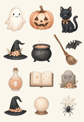 Watercolor Halloween Magic and Spooky Elements Collection