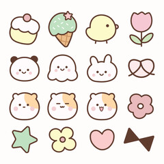 Pastel kawaii doodle icons with cute animals and food