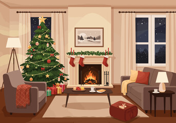 Christmas Living Room with Tree and Fireplace Illustration.