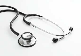 A black and silver stethoscope lies on a plain white surface, showcasing the medical instrument's sleek design and professional aesthetic.