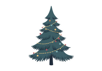 Festive Christmas Tree with Lights and Ornaments Illustration.