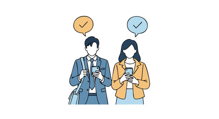 Business professionals confidently using smartphones, receiving positive confirmations and updates in a modern setting.