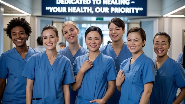 Diverse medical team stands united in hospital hallway, embodying dedication to healing and prioritizing patient health and wellbeing