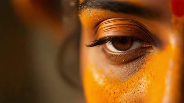 Vibrant close up of an eye covered in orange festive powder celebrating kannada culture and karnatakas grand rajyotsava festival